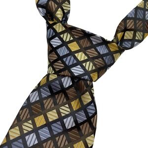 BERGAMO NEW YORK Tie Mens Brown Blue‎ Yellow Geometric Polyester Necktie X-Long